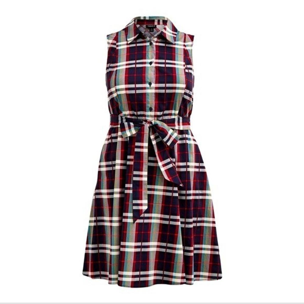Torrid Womens Plus Size 4 Plaid Sleeveless Button Front Belted Shirt Dress Navy